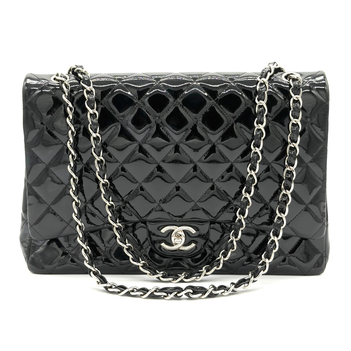 Chanel Timeless Double Flap Maxi in Black Quilted Patent Leather