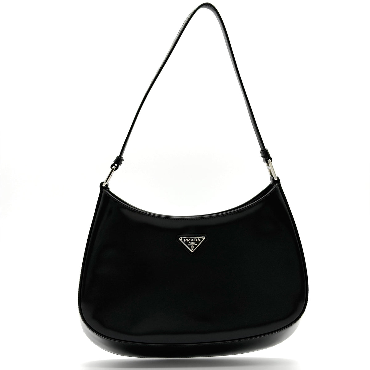 Black handbag with Prada logo on a white background
