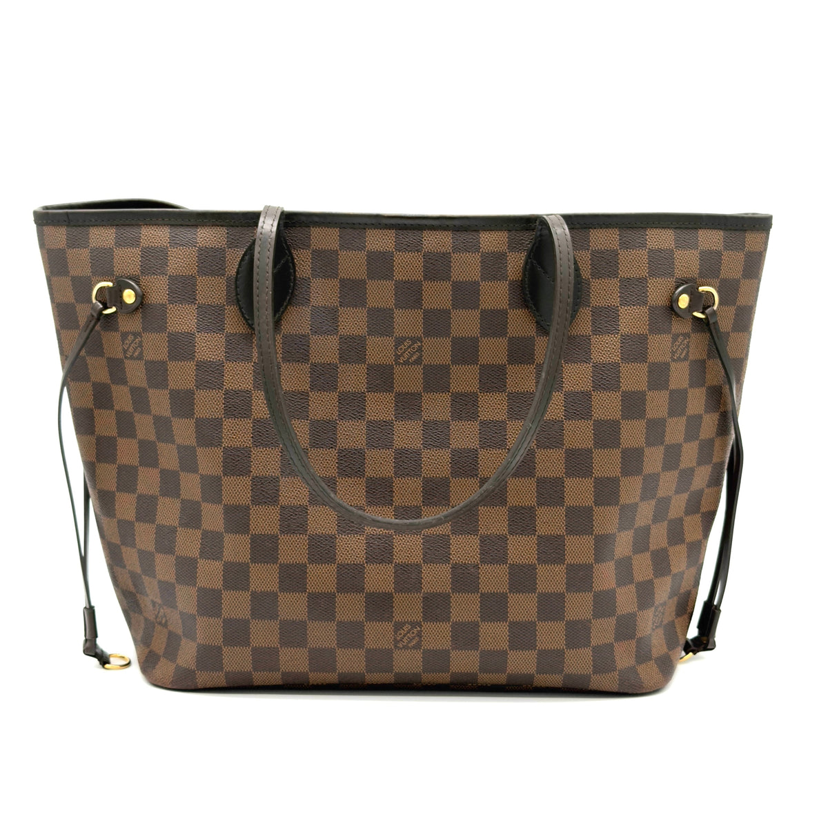 Brown checkered handbag with gold accents on a white background