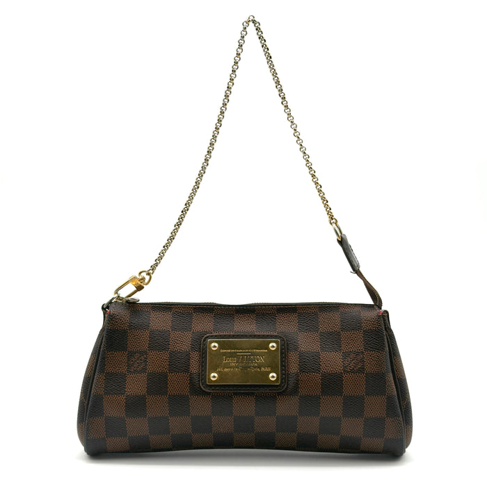 Brown checkered handbag with gold chain on a white background