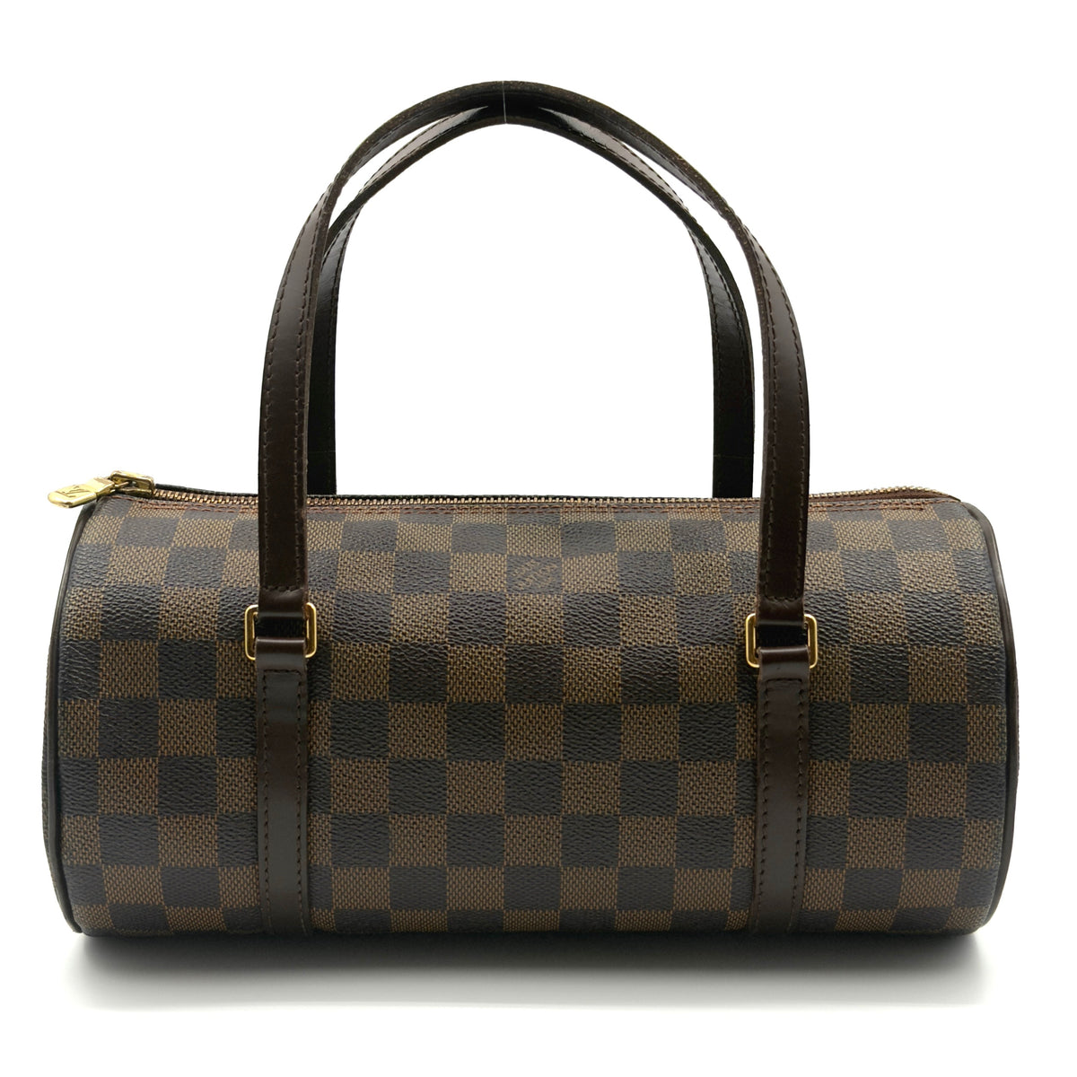 Brown checkered handbag with black handles on a white background
