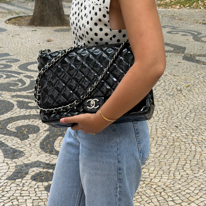 Chanel Timeless Double Flap Maxi in Black Quilted Patent Leather